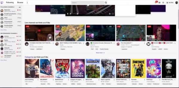 Twitch home screen with various channels.