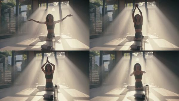 蓮花，拉伸婦女在瑜伽冥想訓(xùn)練，精神脈輪健康或心理健康健身。放松，運(yùn)動(dòng)或女孩的禪和平，普拉提鍛煉或地板