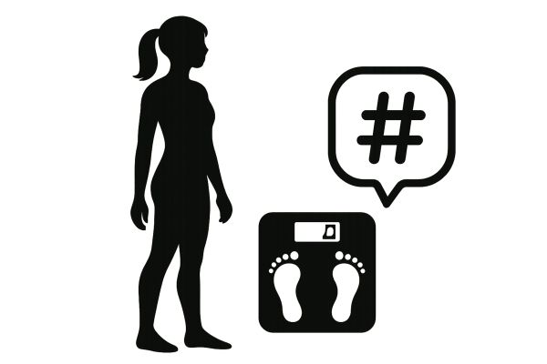 健康的な女性のシルエットと体重計、SNSのハッシュタグアイコン