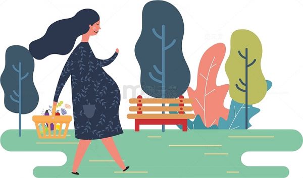 创意手绘公园孕妇散步装饰插画