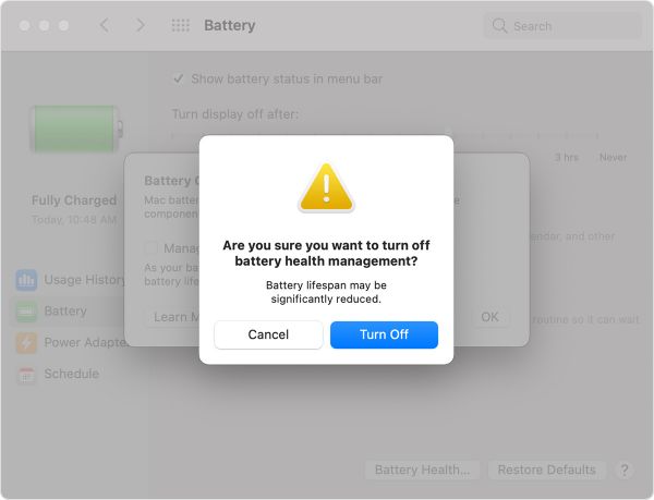 "Are you sure you want to turn off battery health management" popup window