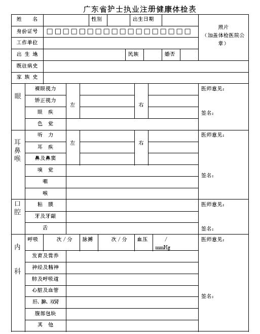 广东省护士执业注册健康体检表下载