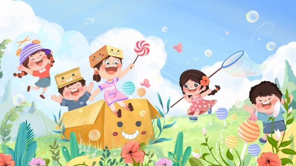 千庫(kù)網(wǎng)_六一兒童節(jié)男孩女孩草坪歡樂玩耍插畫_插畫編號(hào)132289.jpg