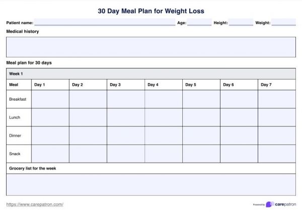 30 天 减肥 计划: 30 天减肥膳食计划 PDF Template