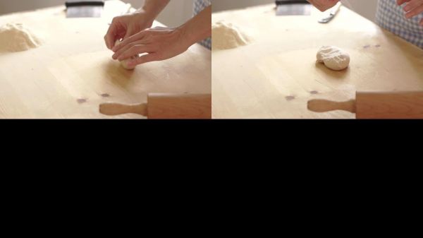 硬质小麦粉自制素食法法勒意大利面的慢动作过程。厨师用rolling面杖拉伸面团，传统的意大利面食-女