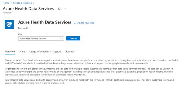 创建 Azure Health Data Services 资源按钮的屏幕截图。