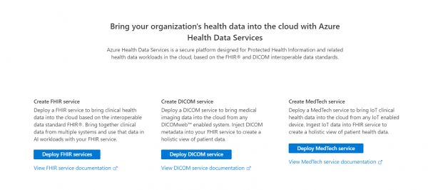 显示 Azure Health Data Services 工作区的屏幕截图。