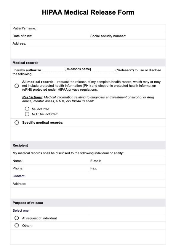 HIPAA Medical Release Form