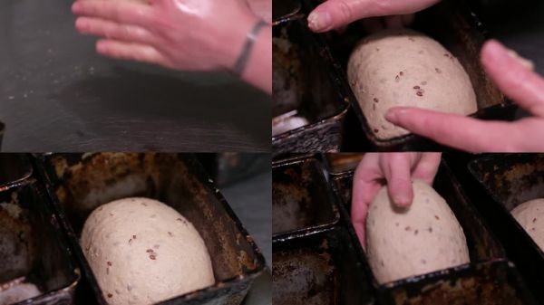 將面包面團(tuán)填入模具，雙手在撒了面粉的表面上塑形面團(tuán)。