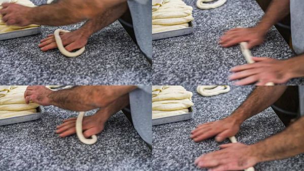 揉捏和塑形土耳其貝果（simit）面團(tuán)
