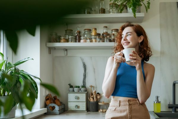smiling young woman standing with coffee cup at home
