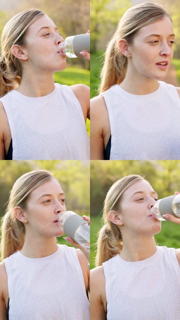 女性在行走、跑步或健身時飲水和補水，作為運動員的健康鍛煉。女性，健康與戶外運動，進行排毒、休息和活動