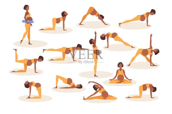 產(chǎn)前瑜伽。非裔美國孕婦在做瑜伽。穿著運(yùn)動(dòng)服的女子在做自由體操。女性喜歡健康的生活方式。積極的生活方式和嬰兒保健。各種瑜伽體式插畫圖片素材