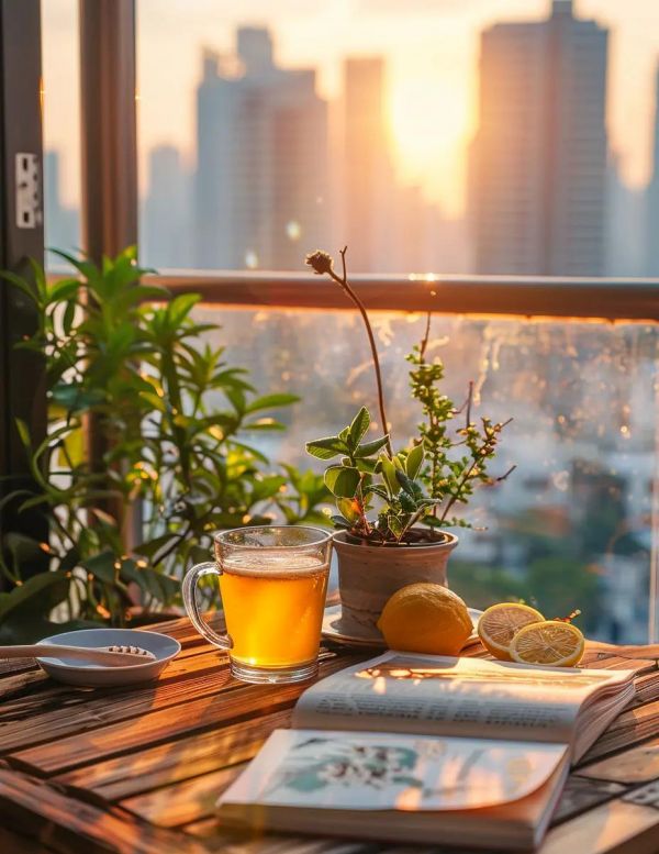 一位女性手持玻璃杯微笑飲用橙子檸檬水的生活照