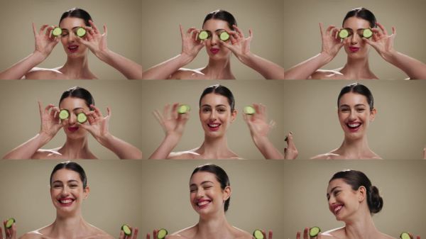 快乐的女性,脸上涂抹黄瓜护肤品,背景为摄影棚。肖像,微笑的女性或模特,展现自然有机蔬菜、饮食或面部护