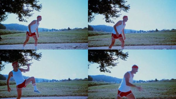 中年白人男性充滿活力的復(fù)古健身鍛煉。