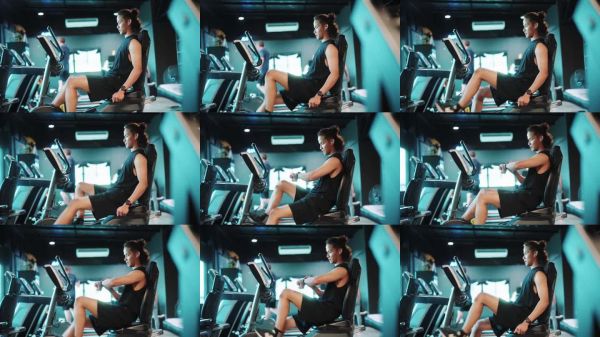 健康男子在健身房骑动感单车时，使用智能手表检查心率。