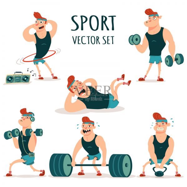 男子用啞鈴、杠鈴、啞鈴和呼啦圈做健身運動?？蓯鄣募一锟ㄍㄊ噶咳宋锛铝⒌陌咨尘?。健康的生活方式和運動插畫。插畫圖片素材