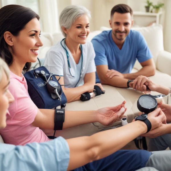 A cancer patient using a blood pressure monitor, surrounded by supportive family, symbolizes wellness and care.