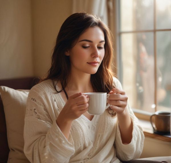 A woman enjoys coffee, basking in its warmth and comfort.