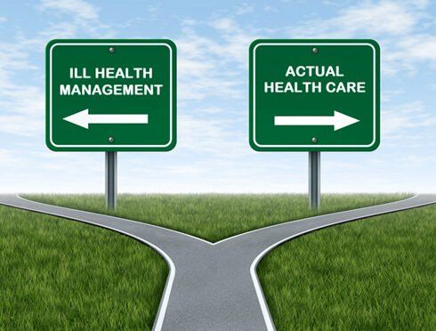 Forks in the road leading to "Ill health management" and "Actual health care"