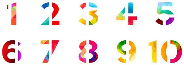 The numbers 1 through 10 in a range of colors