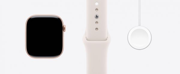 Apple Watch Series 11，展示玫瑰金色铝金属表壳、正面外观、全面屏设计、淡桃粉色运动型表带、Apple Watch 磁力充电器转 USB-C 连接线。
