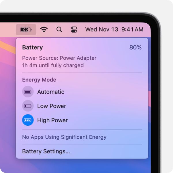 MacBook Pro 上的“电池”菜单显示“高电量模式”已打开。