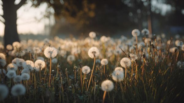 A field of dandelions in golden hour light.