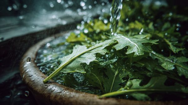 Fresh dandelion leaves being gently washed.