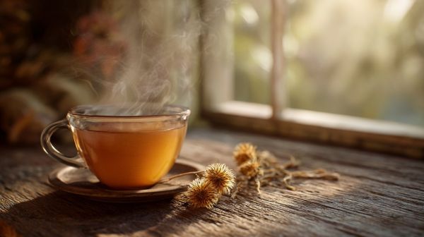 A cup of dandelion root tea on a wooden table.