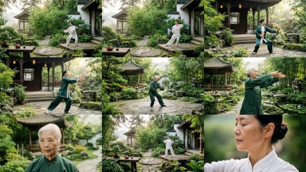 太极养生场景 老人晨练 打太极 幸福生活