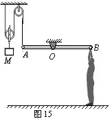 图6是运动员利用器械进行训练的示意图.其中横杆AB可绕固定点O在竖直平面内转动.OA:OB=4:5.系在横杆A端的细绳通过滑轮悬挂着物体M.运动员小强站在水平地面上时对地面的压强为1．1×104Pa.——青夏教育精英家教网——