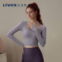 DK（内衣） 生活秀（Livex）露肩镂空瑜伽服长袖带胸垫速干跑步运动健身上衣女 灰湖蓝 L 60.93元（需用券）