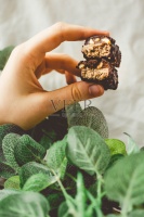 自制的生巧克力糖果士力架。素食甜点。健康的生活方式和生食理念。手里拿着一块士力架图片