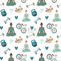 运动、活动、健康生活方式和自我护理的无缝图案的图形元素，插图的白色背景图片